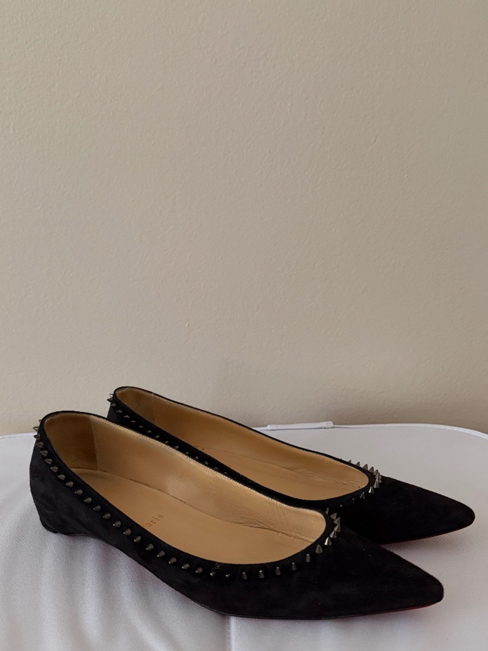 Authentic Christian Louboutin Anjalina Black Suede Spikes Flats EU 39 / US 8.5